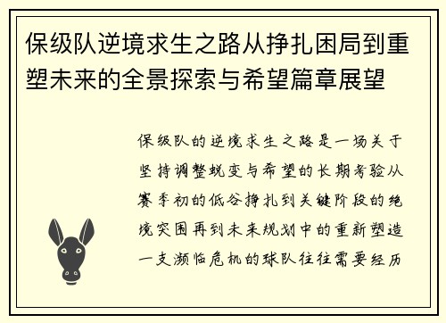 保级队逆境求生之路从挣扎困局到重塑未来的全景探索与希望篇章展望 保级队逆境求生之路从挣扎困局到重塑未来的全景探索与希望篇章展望